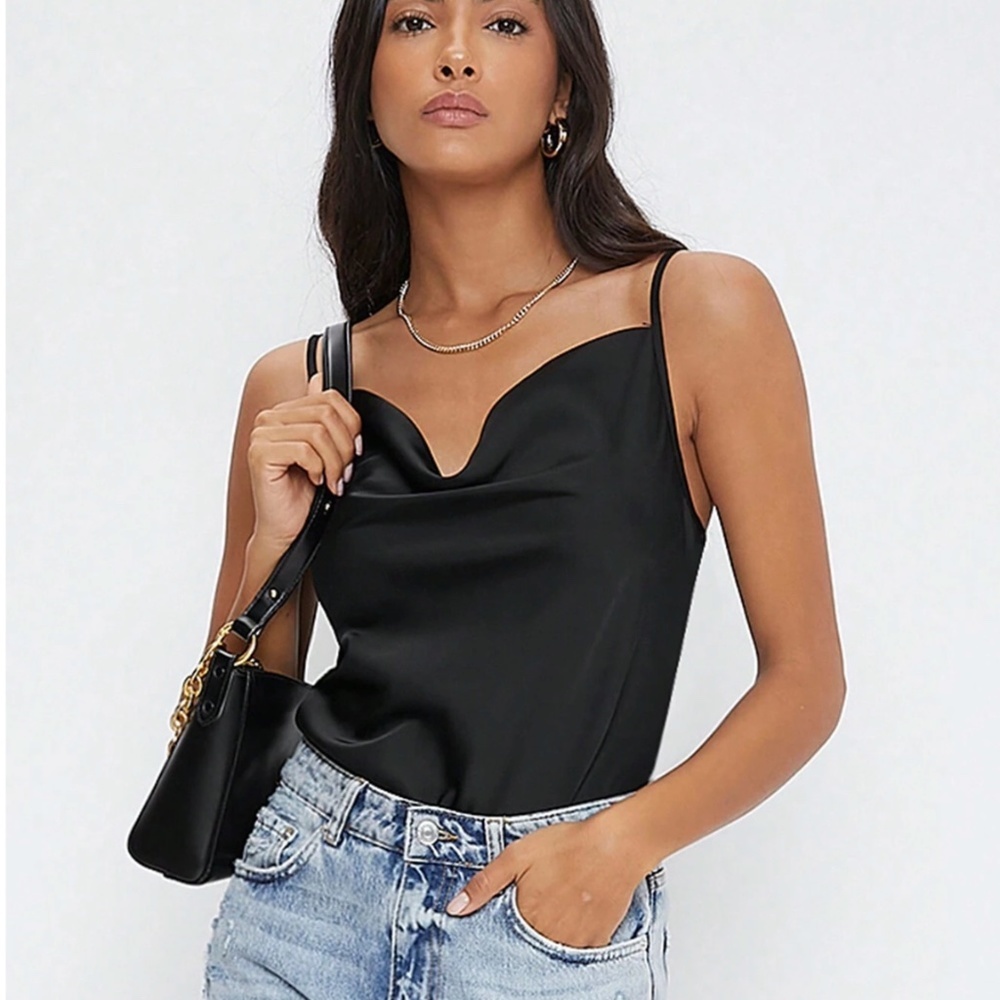 Black Glamorous Cowl Neck Spaghetti Straps Camisole Top Cami, Draped